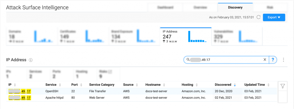 Attack Surface Intelligence showing discovery in search
