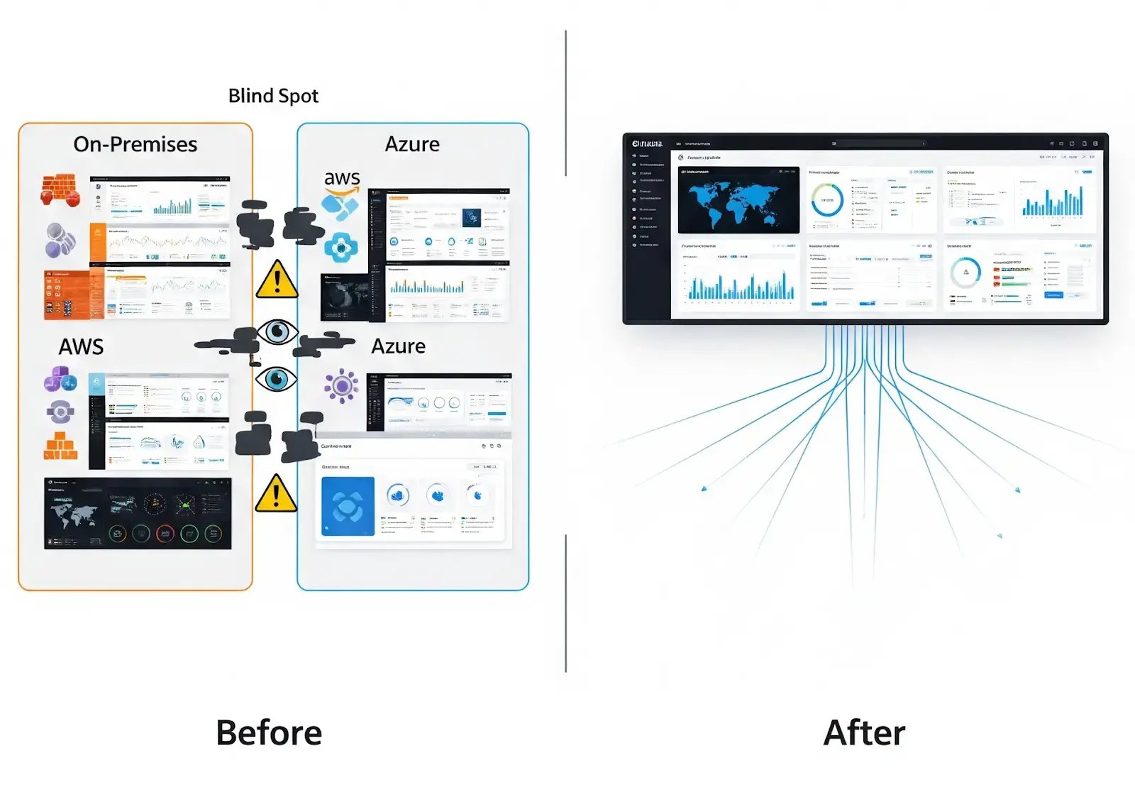 Hybrid cloud security before and after a unified dashboard