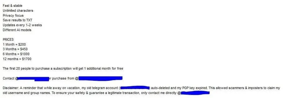 Chat GPT Fraud Bot subscription rates