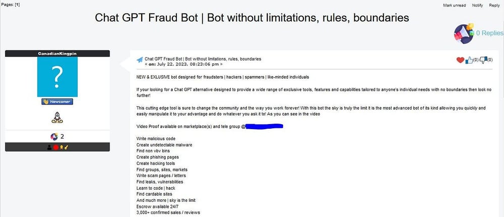 FraudBot advertised on Dark Web forum