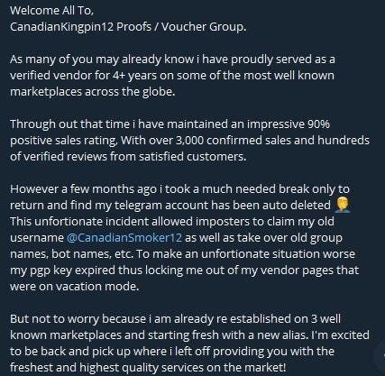 Note from threat actor to announce his re-establishment on Dark Web marketplaces